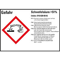 GHS-Etikett Schwefelsäure >51%, gem.GefStoffV/GHS/CLP, Folie,148x105mm,4/Bogen