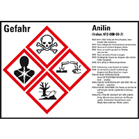 Gefahrstoffetikett Anilin, gem.GefStoffV/GHS/CLP, Folie, 105x74mm, 8/Bogen