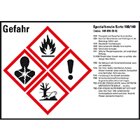 GHS-Etikett Sp.benzin Sorte 100/140, gem.GefStoffV/GHS/CLP, Folie,105x74mm,8/Bogen