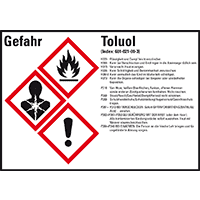 Gefahrstoffetikett Toluol, gem.GefStoffV/GHS/CLP, Folie, 105x74mm, 8/Bogen
