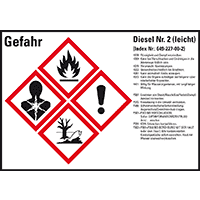 Gefahrstoffetikett Diesel No.2, gem.GefStoffV/GHS/CLP, Folie, 105x74mm, 8/Bogen