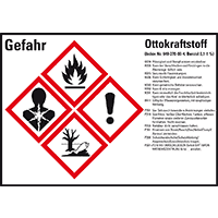 GHS-Etikett Ottokraftstoff, gem.GefStoffV/GHS/CLP, Folie, 105x74mm, 8/Bogen