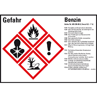 Gefahrstoffetikett Benzin, gem.GefStoffV/GHS/CLP, Folie, 105x74mm, 8/Bogen