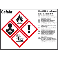 Gefahrstoffetikett Heizöl schwer, GefStoffV/GHS/CLP, Folie, 148x105mm, 4/Bogen