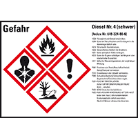 Gefahrstoffetikett Diesel schwer, GefStoffV/GHS/CLP, Folie, 105x74mm, 8/Bogen