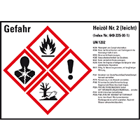 Gefahrstoffetikett Heizöl leicht UN 1202, GefStoffV/GHS/CLP, 148x105mm, 4/Bogen
