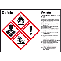 Gefahrstoffetikett Benzin UN 1203, GefStoffV/GHS/CLP, 105x74mm, 8/Bogen