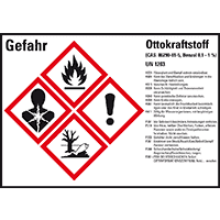 Gefahrstoffetikett Ottokraftstoff UN 1203, GefStoffV/GHS/CLP, 105x74mm, 8/Bogen