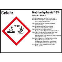 GHS-Etikett Natriumhydroxid 10%, gem.GefStoffV/GHS/CLP, Folie,105x74mm,8/Bogen