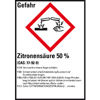 GHS-Etikett Zitronensäure 50%, gem.GefStoffV/GHS/CLP, Folie,52x74mm,10/Bogen