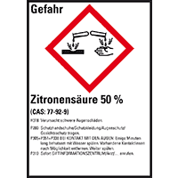 Gefahrstoffetikett Zitronensäure 50%, gemäß GefStoffV / GHS / CLP