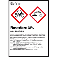GHS-Etikett Flusssäure 48%, gem.GefStoffV/GHS/CLP, Folie,52x74mm,10/Bogen