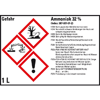 GHS-Etikett Ammoniak 32%, gem.GefStoffV/GHS/CLP, Folie,148x105mm,4/Bogen