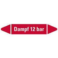 Rohrleitungsetikett Dampf 12 bar, rot/weiß, für Ø 15-25mm, 96x17mm, 8/Bogen