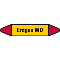 Rohrleitungsetikett Erdgas MD, gelb/schwarz/rot, für Ø 25-40mm,154x26mm,5/Bogen