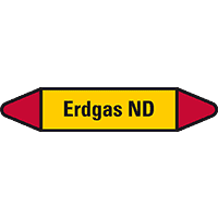 Rohrleitungsetikett Erdgas ND, gelb/schwarz/rot, für Ø 25-40mm,154x26mm,5/Bogen