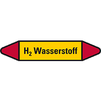Rohrleit.etikett H2 Wasserstoff, gelb/schwarz/rot, für Ø 15-25mm,96x17mm,8/Bogen