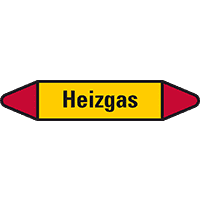 Rohrleitungsetikett Heizgas, gelb/schwarz/rot, für Ø 25-40mm, 154x26mm, 5/Bogen