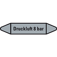 Rohrleitungsetikett Druckluft 8 bar, grau/schwarz, für Ø 15-25mm,96x17mm,8/Bogen