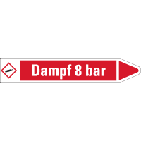 RKZ-Etikett Dampf 8 bar, rechts, rot/weiß, für Ø 15-25mm, 96x17mm, 8/Bogen
