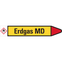 RKZ-Etikett Erdgas MD, rechts, gelb/schwarz/rot, für Ø 60-90mm,310x52mm,3/Bogen