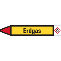 RKZ-Etikett Erdgas, links, gelb/schwarz/rot, für Ø 25-40mm, 154x26mm, 5/Bogen