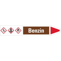 RKZ-Etikett Benzin, rechts, braun/weiß/rot, für Ø 40-60mm, 218x37mm, 5/Bogen