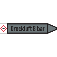RKZ-Etikett Druckluft 8 bar, rechts, DIN, grau/schwarz, Ø 15-25mm,96x17mm,8/Bogen