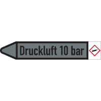 RKZ-Etikett Druckluft 10 bar, links, DIN, grau/schwarz, Ø 15-25mm,96x17mm,8/Bogen
