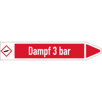 RKZ-Etikett Dampf 3 bar, rechts, DIN, rot/weiß, für Ø 15-25mm,96x17mm,8/Bogen