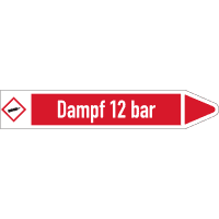RKZ-Etikett Dampf 12 bar, rechts, DIN, rot/weiß, für Ø 15-25mm,96x17mm,8/Bogen