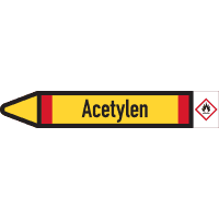 RKZ-Etikett Acetylen, links, DIN, gelb/schwarz/rot, für Ø 25-40mm,154x26mm,5/Bogen