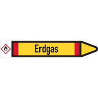 RKZ-Etikett Erdgas, rechts, DIN, gelb/schwarz/rot, für Ø 25-40mm,154x26mm,5/Bogen