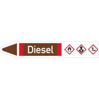 RKZ-Etikett Diesel, links, DIN, braun/weiß/rot, für Ø 40-60mm,218x37mm,5/Bogen