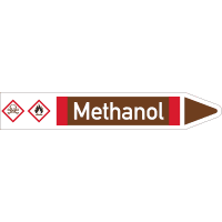 RKZ-Etikett Methanol, rechts, DIN, braun/weiß/rot, für Ø 25-40mm,154x26mm,5/Bogen