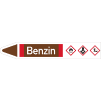 RKZ-Etikett Benzin, links, DIN, braun/weiß/rot, für Ø 40-60mm,218x37mm,5/Bogen
