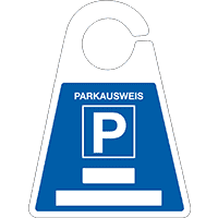 Parkausweis mit Parkplatzzeichen, zum Beschriften, blau, Kunststoff, 120x165mm