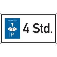 Parkplatzschild, Parkdauer max. 4 Stunden, Aluminium RA0, reflektierend,600x330mm