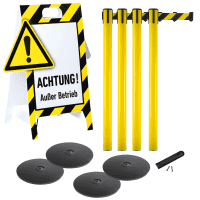 Vorteils-Set Absperrbereich,4 Gurtpfosten, ge/s, Warnaufst.Achtung!Außer Betrieb