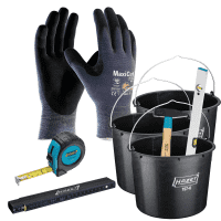 Kleines Handwerker-Vorteils-Set, Zollstock, Rollmaß, Hammer, Baueimer, Handschuh Gr.9