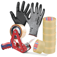 Vorteils-Set Grundausrüstung Versand, Abroller, Klebeband, Handschuhe, Gr. 8