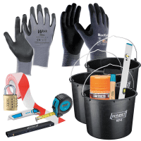 XXL Handwerker-Vorteils-Set, Bandmaß, Eimer, Schloss, Absperrb., Messer, Handsch.Gr.9
