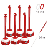 Absperrpfosten-Set Mark, rot/weiß, Kunststoff, Kette,10m,10 Verbindungsglieder