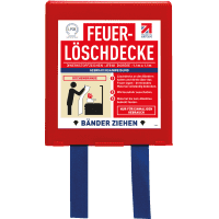 Feuerlöschdecke, mit 2 Zuglaschen, Glasfasergewebe, 1100x1100mm, Kunststoffbox