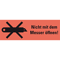 Hinweisetikett N.mit dem Messer öffn., leuchtrot, Haftpapier, perm.,147x50mm,250/RO