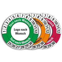 Prüfplakette n.Wunsch, Monatskranz ob., Textring, Dokufolie, selbstkl., Ø 40mm,10/BOG