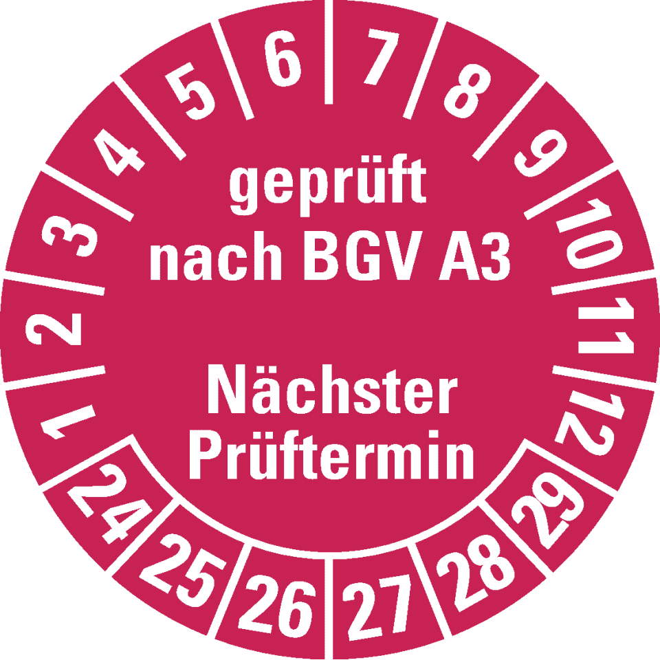 Prüfplakette geprüft BGV A3 Nä.Prüftermin 24-29, rot, Dokufolie, Ø ...