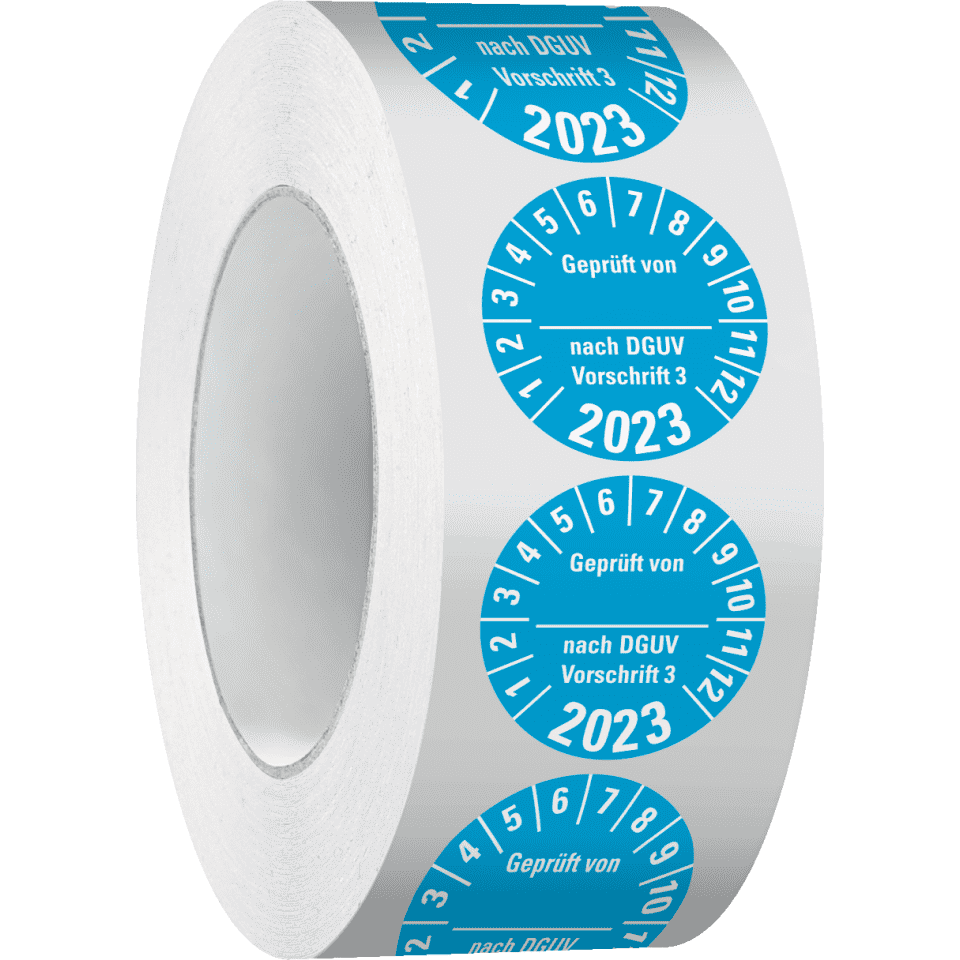 Prüfplakette Geprüft v. nach DGUV 3,2023, hellblau, Dokufolie, Ø | kroschke.com