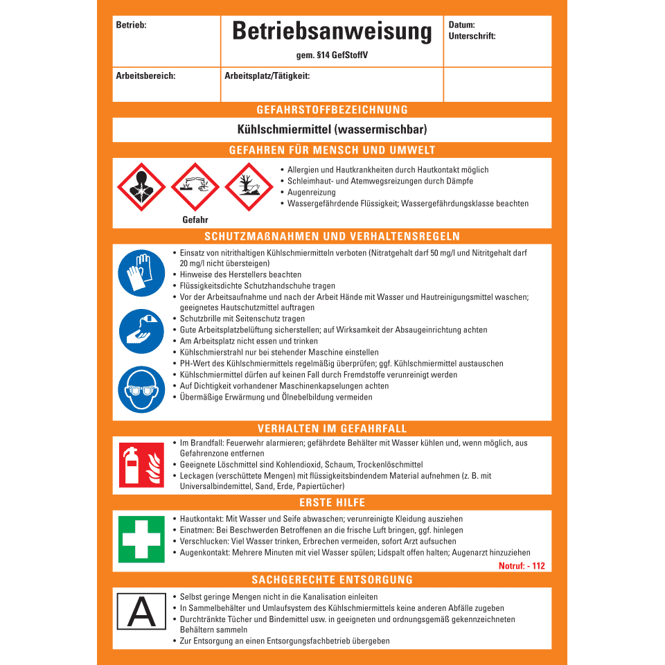Betriebsanweisung Kühlschmiermittel, CLP/GHS, Kunststoff, 210x297mm ...