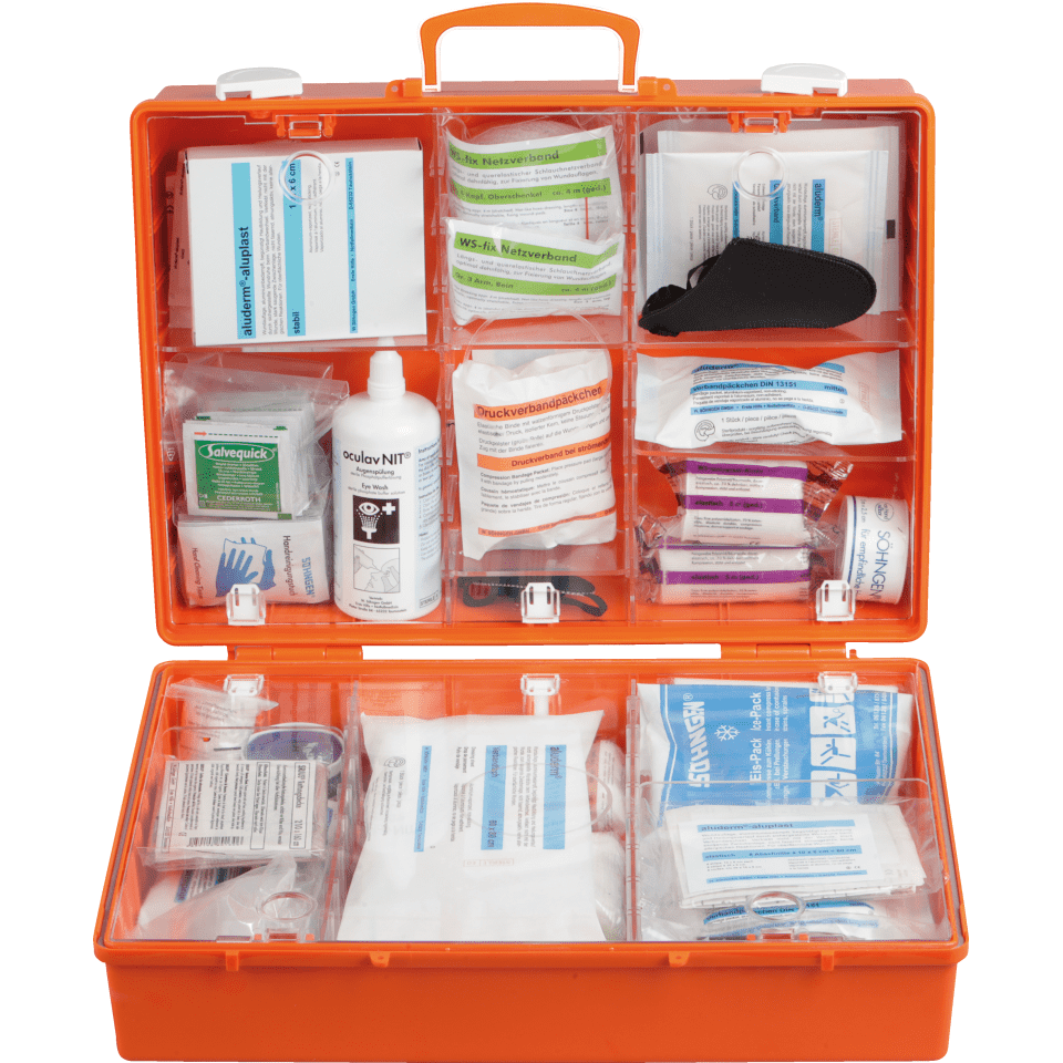 SÖHNGEN® Erste-Hilfe-Koffer, (DIN 13157), orange, Wandhalterung | kroschke.com